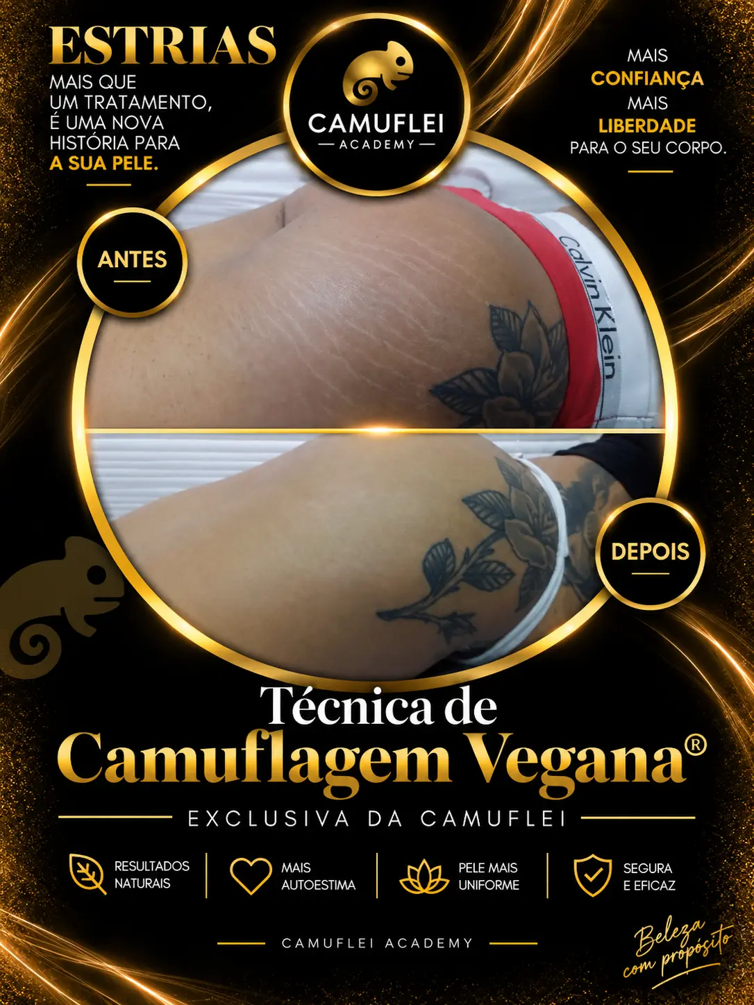 Resultado real de Camuflagem de estrias, comparação antes e depois
